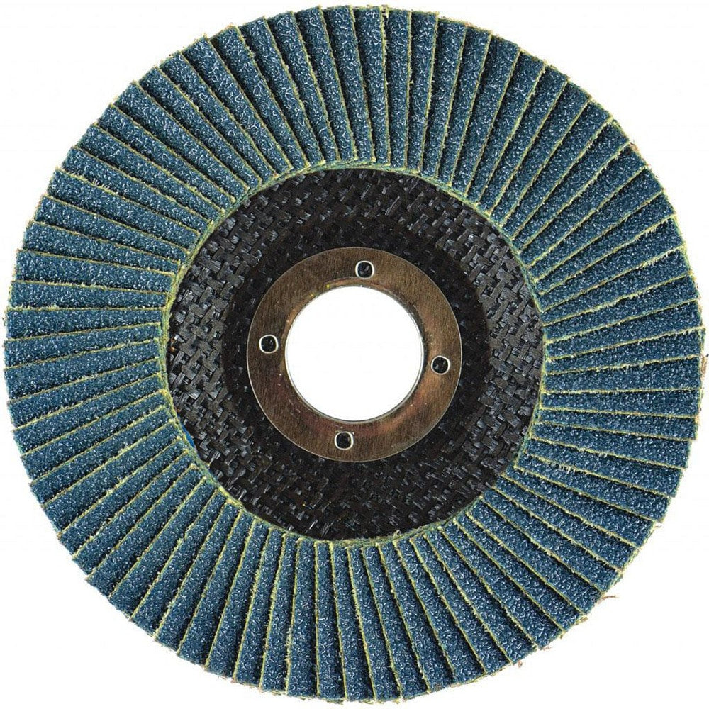 Flap Disc: 4-1/2" Dia, 5/8-11" Hole, 36 Grit, Zirconia Alumina, Type 27