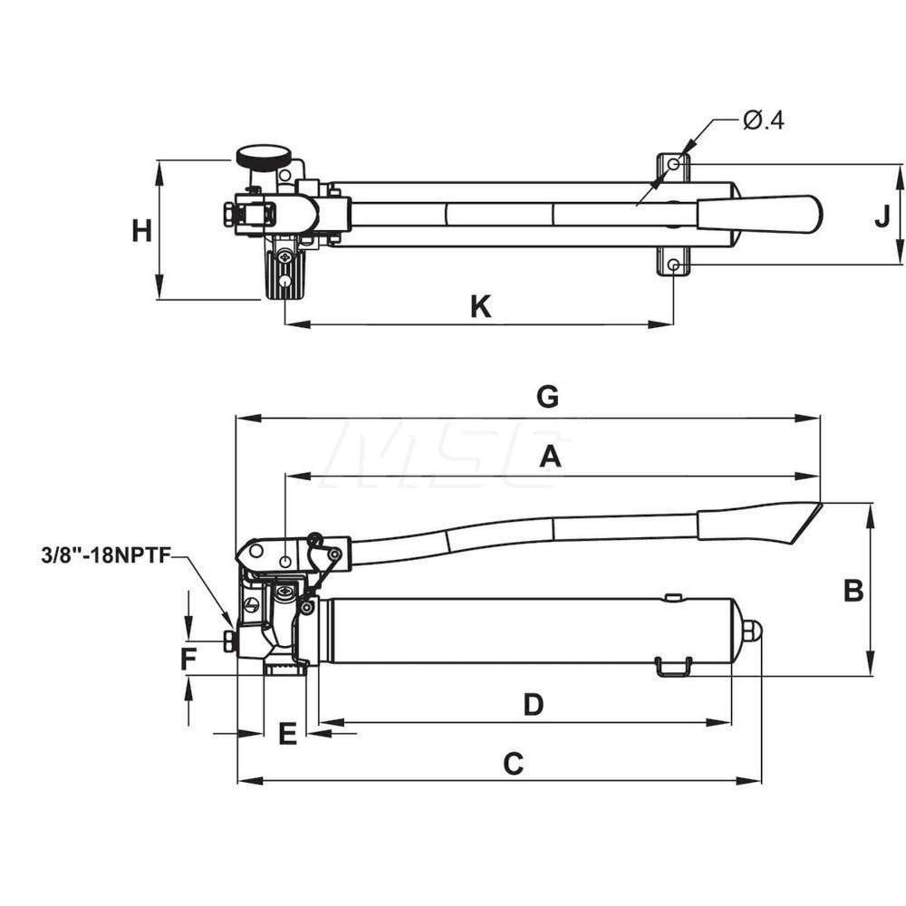 Manual Hydraulic Pumps; Number Of Stages: 2; Piston Diameter (Decimal Inch): 0.79; Port Size: 3/8 NPTF; Maximum Handle Effort: 100; 1st Stage Pressure Rating: 200; 2nd Stage Pressure Rating: 10000; Orientation: Horizontal; Stroke Length: 20