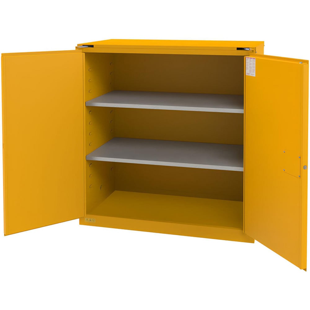 Flammable & Hazardous Storage Cabinets: 120.000 gal Drum, 2.000 Door, 2 Shelf, Self Closing, Safety Yellow