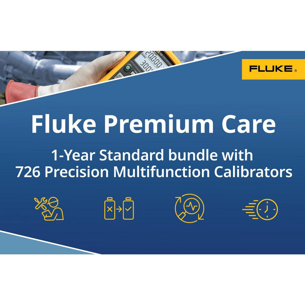 Fluke 726 Calibrator plus Fluke Premium Care ensures your test tool function properly and limits unplanned downtime and costs. Standard service level provides coverage above and beyond the original product warranty. One fee covers your product for a 1-