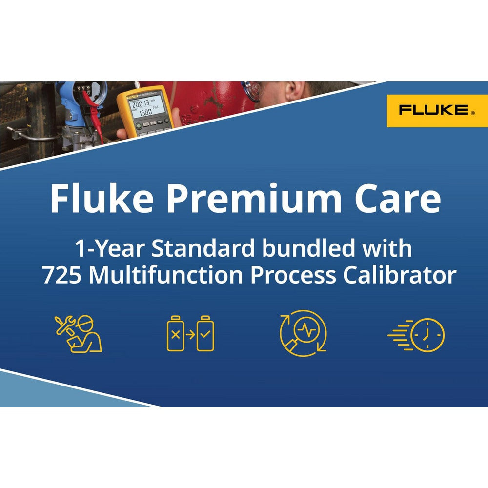Fluke 725 Calibrator plus Fluke Premium Care ensures your test tool function properly and limits unplanned downtime and costs. Standard service level provides coverage above and beyond the original product warranty. One fee covers your product for a 1-