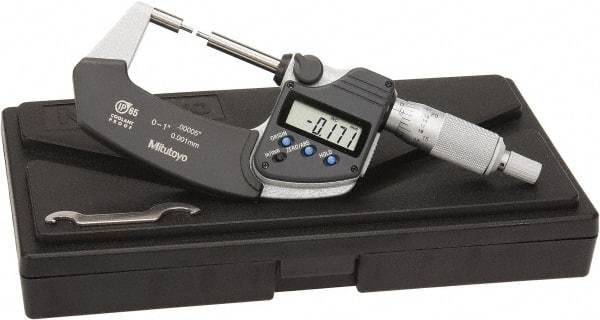 Mitutoyo - 1 Inch, 32mm Throat Depth, Electronic Spline Micrometer - Accurate Up to 0.0001 Inch, 1/4 Inch Spindle Diameter, 0.18mm Head Diameter, Ratchet Stop Thimble, Data Output - Americas Industrial Supply