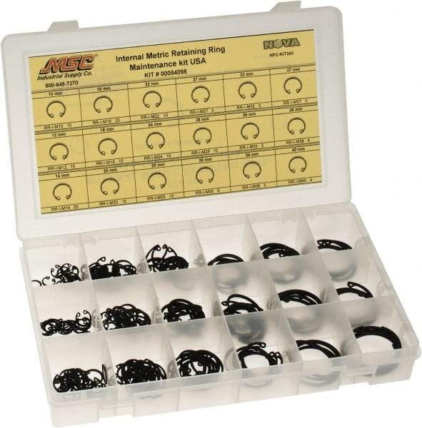 Made in USA - 174 Piece, M10 to M40, Steel, Snap Internal Retaining Ring Assortment - Includes Compartmented Case, Specification Labels - Americas Industrial Supply