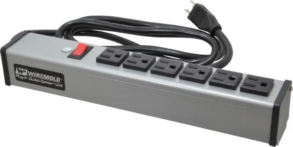 Wiremold - 6 Outlets, 120 Volts, 15 Amps, 6' Cord, Power Outlet Strip - Free Hanging Mount, 5-15 NEMA Configuration, 12-1/4" Strip, cULus Listed - Americas Industrial Supply