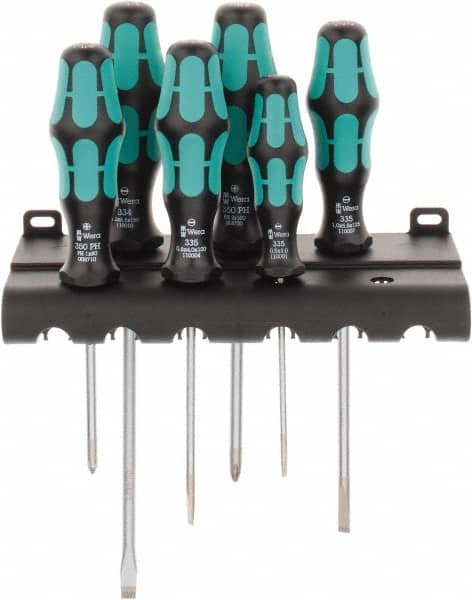Wera - 6 Piece Slotted & Phillips Screwdriver Set - Round Shank, Ergonomic Handle, Bit Sizes: Philips #1 & #2 - Americas Industrial Supply