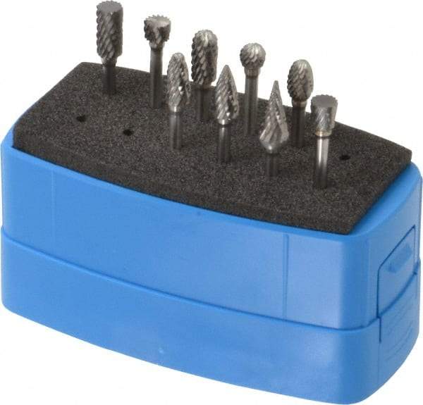 Made in USA - 9 Piece, 1/8" Shank Burr Set - Solid Carbide, Multiple Head Shapes - Americas Industrial Supply