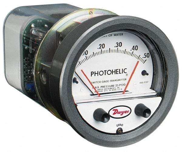 Dwyer - 25 Max psi, 2% Accuracy, NPT Thread Photohelic Pressure Switch - 1/8 Inch Thread, 1/2 Inch Water Column, 120°F Max - Americas Industrial Supply