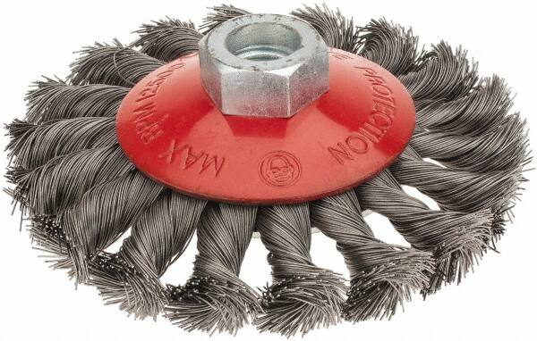 Value Collection - 4" OD, M14x2.00 Arbor Hole, Knotted Steel Wheel Brush - 1/2" Face Width, 7/8" Trim Length, 0.008" Filament Diam, 12,500 RPM - Americas Industrial Supply