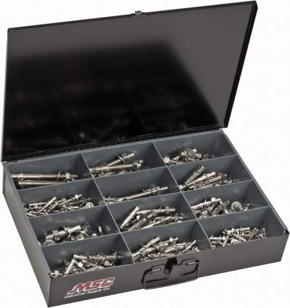 Value Collection - 290 Piece, 1/4 to 1/2" Screw, Stainless Steel Hex Drive Anchor Assortment - 1-3/4 to 5-1/2" Long - Americas Industrial Supply