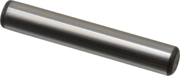 Made in USA - 3/8" Diam x 2-1/4" Pin Length Grade 8 Alloy Steel Standard Dowel Pin - Bright Finish, C 47-58 & C 60 (Surface) Hardness, 16,550 Lb (Single Shear), 33,100 Lb (Double Shear) Breaking Strength, 1 Beveled & 1 Rounded End - Americas Industrial Supply