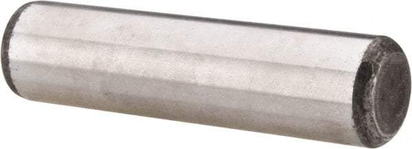 Made in USA - 5/8" Diam x 2-1/2" Pin Length Grade 8 Alloy Steel Standard Dowel Pin - Bright Finish, C 47-58 & C 60 (Surface) Hardness, 46,000 Lb (Single Shear), 92,000 Lb (Double Shear) Breaking Strength, 1 Beveled & 1 Rounded End - Americas Industrial Supply