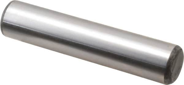 Made in USA - 3/4" Diam x 3-1/2" Pin Length Grade 8 Alloy Steel Standard Dowel Pin - Bright Finish, C 47-58 & C 60 (Surface) Hardness, 132,400 Lb (Double Shear), 66,200 Lb (Single Shear) Breaking Strength, 1 Beveled & 1 Rounded End - Americas Industrial Supply