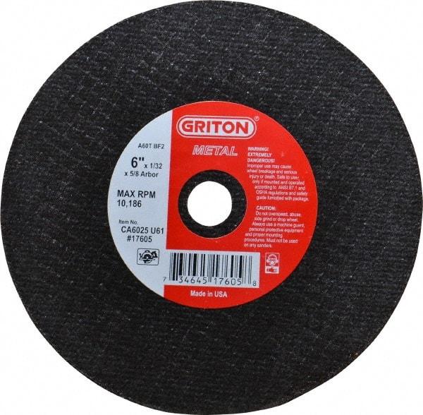 Value Collection - 6" 60 Grit Aluminum Oxide Cutoff Wheel - 1/32" Thick, 5/8" Arbor, 10,186 Max RPM, Use with Circular Saws - Americas Industrial Supply