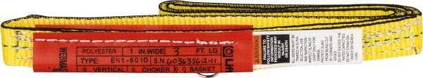 Lift-All - 3' Long x 1" Wide, 2,400 Lb Vertical Capacity, 1 Ply, Nylon Web Sling - 1,900 Lb Choker Capacity, Yellow - Americas Industrial Supply