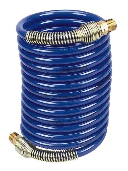 Coilhose Pneumatics - 1/4" ID, 1/4 Thread, 12' Long, Blue Nylon Coiled & Self Storing Hose - 220 Max psi, Male Swivel x Male Swivel - Americas Industrial Supply