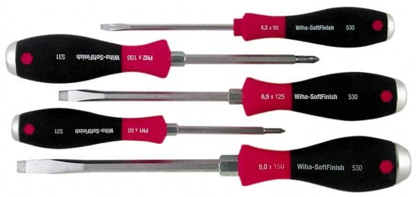 Wiha - 5 Piece Phillips & Slotted Screwdriver Set - Round Shank, Ergonomic Handle - Americas Industrial Supply