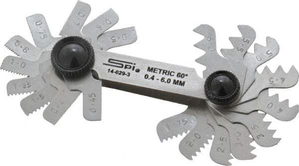 SPI - 20 Leaf, 0.4 to 6mm Pitch Range, Steel Screw Pitch Gage - 60° Thread Angle - Americas Industrial Supply