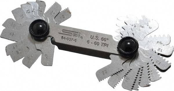 SPI - 30 Leaf, 6 to 60 TPI Range, Steel Screw Pitch Gage - 60° Thread Angle - Americas Industrial Supply