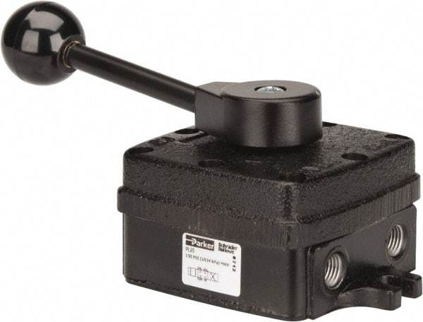 Parker - 1/4" NPT Mechanically Operated Air Valve - 4-Way, 3 Position, Hand Throttle-Manual Return, 2.5 CV Rate, 150 Max psi & 160°F Max Temp - Americas Industrial Supply