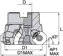 Kennametal - 6" Cut Diam, 2" Arbor Hole, 5mm Max Depth of Cut, 43° Indexable Chamfer & Angle Face Mill - 12 Inserts, OF.T64 Insert, Right Hand Cut, 12 Flutes, Through Coolant, Series KSOM - Americas Industrial Supply