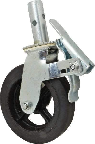 Fairbanks - 9-1/2" Diam x 2" Wide, Rubber Molded on 70 Durometer Swivel with Brake Double Braking Lock Design Caster - 500 Lb Capacity, Round Scaffold Stem Mount, Roller Bearing - Americas Industrial Supply