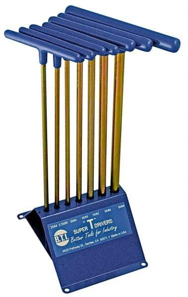 Made in USA - 7 Piece T-Handle Hex Key Set - Hex Range 2 to 8mm, 13" OAL, Chromalloy Steel - Americas Industrial Supply