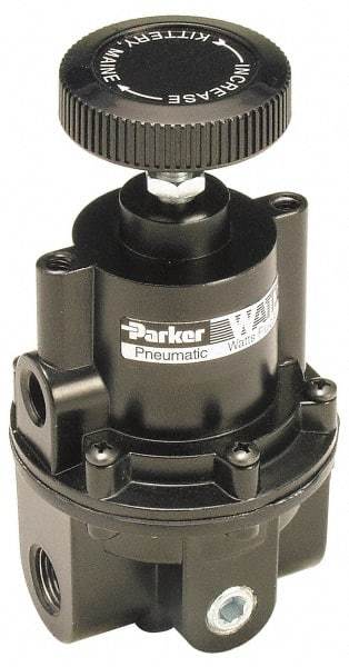 Parker - 3/8 NPT Port, 80 CFM, Aluminum Diaphragm Operated Regulator - 0 to 60 psi Range, 250 Max psi Supply Pressure, 1/4" Gauge Port Thread, 2.06" Wide x 4.35" High - Americas Industrial Supply