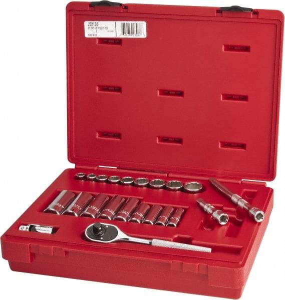 Proto - 22 Piece 3/8" Drive Chrome Finish Deep Well Socket Set - 12 Points, 3/8" to 7/8" Range, Inch Measurement Standard - Americas Industrial Supply