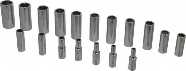 Proto - 18 Piece 3/8" Drive Chrome Finish Deep Well Socket Set - 6 Points, 6mm to 23mm Range, Metric Measurement Standard - Americas Industrial Supply