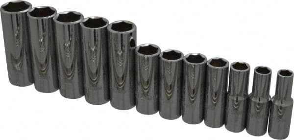 Proto - 12 Piece 3/8" Drive Chrome Finish Deep Well Socket Set - 6 Points, 8mm to 19mm Range, Metric Measurement Standard - Americas Industrial Supply