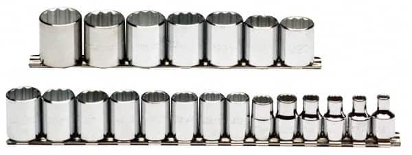 Proto - 21 Piece 3/8" Drive Chrome Finish Socket Set - 12 Points, 6mm to 26mm Range, Metric Measurement Standard - Americas Industrial Supply