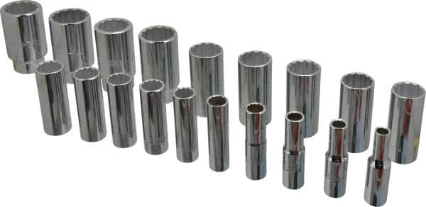 Proto - 19 Piece 1/2" Drive Chrome Finish Deep Well Socket Set - 12 Points, 3/8" to 1-1/2" Range, Inch Measurement Standard - Americas Industrial Supply
