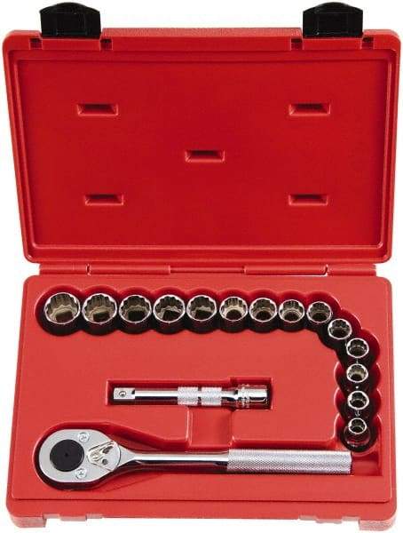 Proto - 16 Piece 1/2" Drive Chrome Finish Socket Set - 12 Points, 10mm to 23mm Range, Metric Measurement Standard - Americas Industrial Supply
