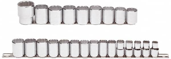 Proto - 24 Piece 1/2" Drive Chrome Finish Socket Set - 12 Points, 10mm to 36mm Range, Metric Measurement Standard - Americas Industrial Supply