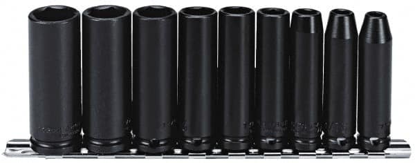 Proto - 9 Piece 3/8" Drive Black Finish Deep Well Impact Socket Set - 6 Points, 1/4" to 3/4" Range, Inch Measurement Standard - Americas Industrial Supply