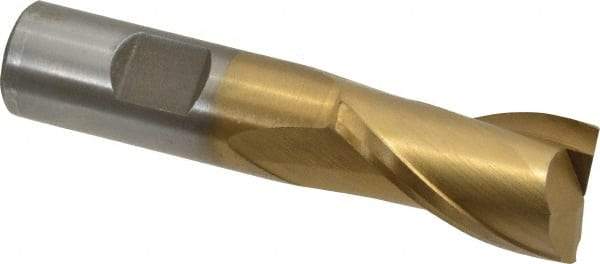 Interstate - 7/8", 1-1/2" LOC, 3/4" Shank Diam, 3-3/4" OAL, 2 Flute, High Speed Steel Square End Mill - Single End, TiN Finish, Spiral Flute, 30° Helix, Centercutting, Right Hand Cut, Right Hand Flute - Americas Industrial Supply