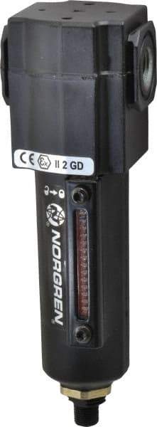 Norgren - 1/4" Port, 6.02" High x 1.98" Wide Compact Filter with Metal Bowl, Automatic Drain - 55 SCFM, 150 Max psi, 150°F Max Temp, Sight Glass Included, Modular Connection, 2.2 oz Bowl Capacity - Americas Industrial Supply