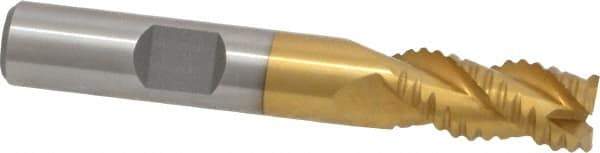 Interstate - 3/8" Diam, Coarse Pitch, 3/4" LOC, 3 Flute Cobalt Roughing Square End Mill - TiN Finish, 2-1/2" OAL, 3/8" Shank Diam, Single End, Centercutting - Americas Industrial Supply