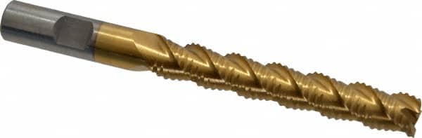 Interstate - 1/2" Diam, Coarse Pitch, 3" LOC, 3 Flute Cobalt Roughing Square End Mill - TiN Finish, 5" OAL, 1/2" Shank Diam, Single End, Centercutting - Americas Industrial Supply