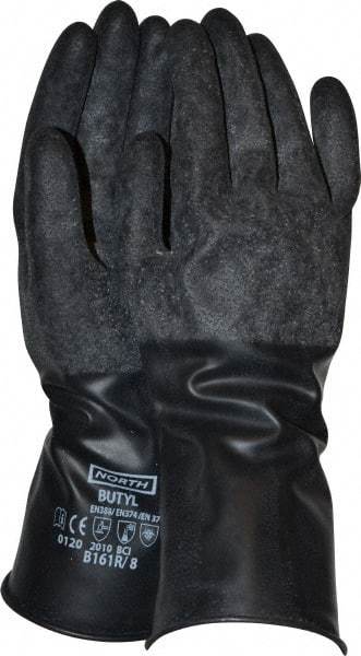 North - Size M (8), 11" Long, 16 mil Thick, Butyl Chemical Resistant Gloves - Textured Finish, Rolled Cuff, Black - Americas Industrial Supply