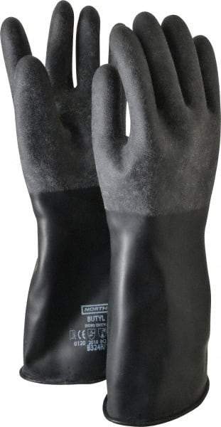 North - Size L (9), 14" Long, 32 mil Thick, Butyl Chemical Resistant Gloves - Textured Finish, Rolled Cuff, Black - Americas Industrial Supply