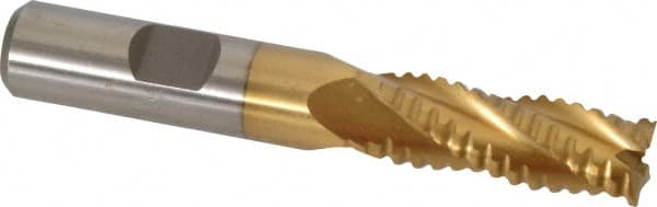 Interstate - 15/32" Diam, 1-1/4" LOC, 4 Flute Cobalt Roughing & Finishing Square End Mill - TiN Finish, 3-1/4" OAL, 1/2" Shank Diam, Weldon Shank, 30° Helix, Non-Centercutting - Americas Industrial Supply