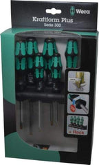 Wera - 6 Piece Pozidriv & Slotted Screwdriver Set - Hex with Bolster Shank, Kraftform Ergonomic Handle, Bit Sizes: Philips #1 & #2, Posidriv Point #1 & #2, Tip Thickness: 9/64, 5/32, 7/32 & 1/4 - Americas Industrial Supply