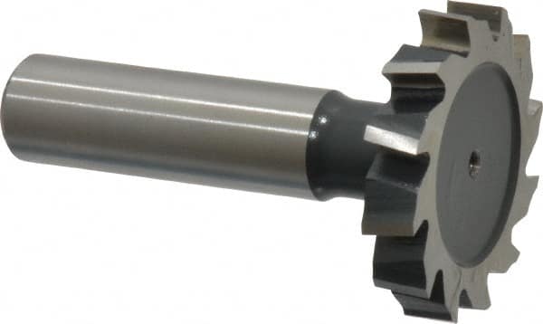 Interstate - 1-3/8" Diam x 1/4" Face Width, High Speed Steel, 14 Teeth, Shank Connection Woodruff Keyseat Cutter - Uncoated, 2-1/4" OAL x 1/2" Shank, Staggered Teeth, ANSI 811, Old Standard 22 - Americas Industrial Supply