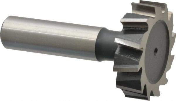 Interstate - 1-3/8" Diam x 3/8" Face Width, High Speed Steel, 14 Teeth, Shank Connection Woodruff Keyseat Cutter - Uncoated, 2-3/8" OAL x 1/2" Shank, Staggered Teeth, ANSI 1211, Old Standard F - Americas Industrial Supply