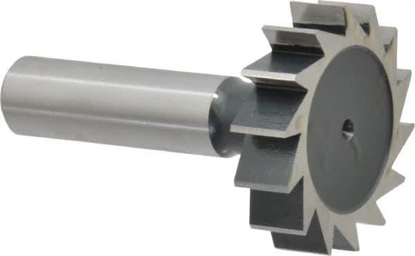 Interstate - 1-1/2" Diam x 3/8" Face Width, High Speed Steel, 16 Teeth, Shank Connection Woodruff Keyseat Cutter - Uncoated, 2-3/8" OAL x 1/2" Shank, Straight Teeth, ANSI 1212, Old Standard G - Americas Industrial Supply
