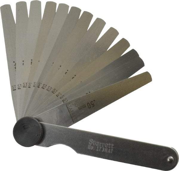 Starrett - 13 Piece, 0.03 to 0.5mm Tapered Feeler Gage Set - 77mm Long x 7 to 12.7mm Wide (Tapered), Tempered Steel - Americas Industrial Supply