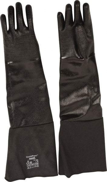 Ansell - Size M (8), 26" Long, 85 mil Thick, Supported, Neoprene Chemical Resistant Gloves - Textured Finish, Fleece/Jersey Lined, Gauntlet Cuff, ANSI Abrasion Level 3, ANSI Cut Level 2, Black, FDA Approved - Americas Industrial Supply