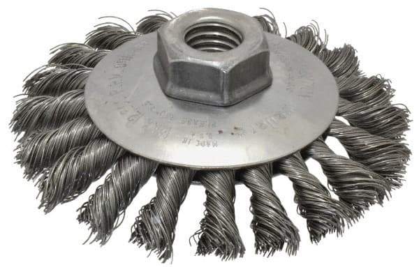 Weiler - 4" OD, 5/8-11 Arbor Hole, Knotted Steel Wheel Brush - 3/8" Face Width, 3/4" Trim Length, 0.014" Filament Diam, 12,500 RPM - Americas Industrial Supply