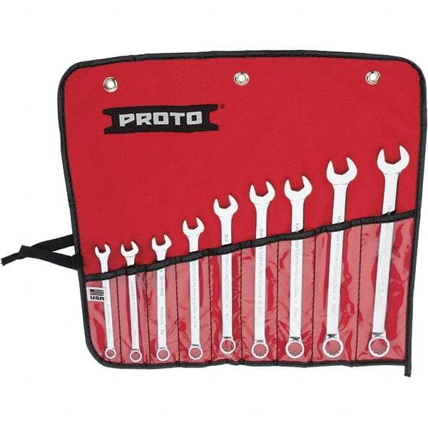 Proto - 9 Piece, 7mm to 15mm, 12 Point Combination Wrench Set - Metric Measurement Standard, Full Polish Finish, Comes in Vinyl Roll - Americas Industrial Supply